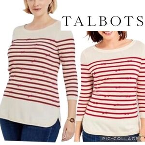 Talbots Striped Bow Sweater White Red Long Sleeve Size XS